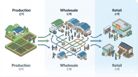 이곳에 관련 이미지 삽입: 한국의 복잡한 농산물 유통 단계(산지-도매-소매)를 설명하는 인포그래픽