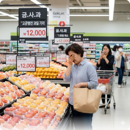 이곳에 관련 이미지 삽입: 대형 마트의 비싼 과일 가격표나 장을 보며 한숨 쉬는 시민의 모습