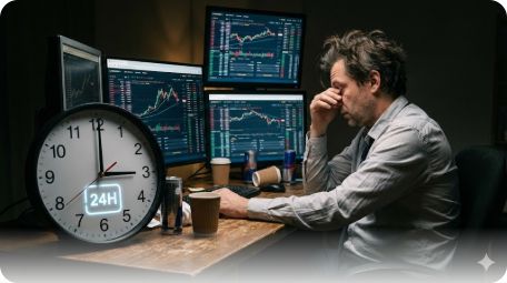 이곳에 관련 이미지 삽입: 24시간 돌아가는 시계와 주식 거래 화면을 보고 있는 피곤한 투자자의 모습