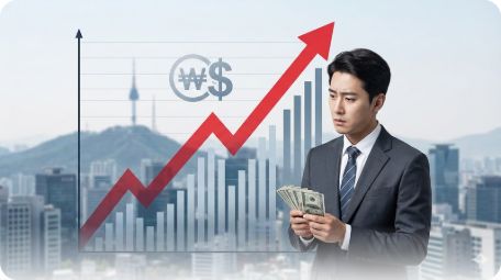 이곳에 관련 이미지 삽입: 급등하는 환율 차트와 달러를 들고 고민하는 투자자의 이미지