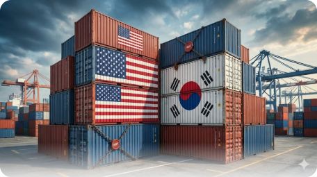 이곳에 관련 이미지 삽입: 한미 무역 분쟁과 관세를 상징하는 컨테이너 및 국기 이미지