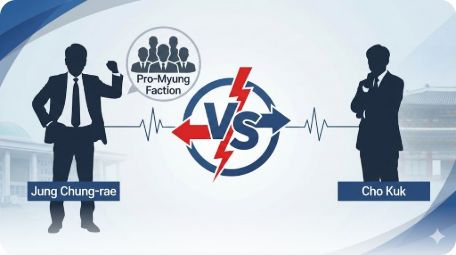 이곳에 관련 이미지 삽입: 정청래 의원과 조국 대표, 그리고 친명계 핵심 인사들 간의 대립 구도를 보여주는 인물 관계도