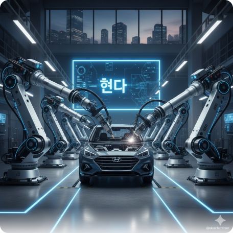 이곳에 관련 이미지 삽입: 현대차 공장에서 작동 중인 산업용 로봇이나 미래형 로봇 '아틀라스'