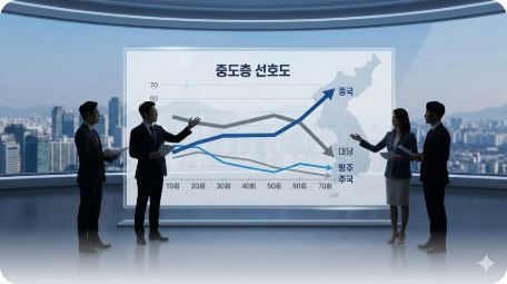 이곳에 관련 이미지 삽입: 정치 분석가들이 토론하는 장면 또는 중도층의 정당 선호도 변화를 보여주는 통계 자료