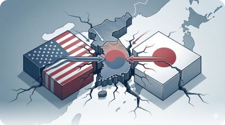 이곳에 관련 이미지 삽입: 한미일 관계의 균열 또는 샌드위치 지형을 형상화한 인포그래픽