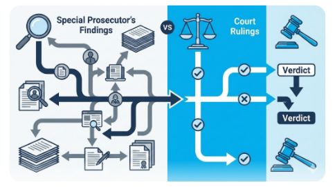 이곳에 관련 이미지 삽입: 특검 수사 결과와 실제 법원 판결의 차이를 보여주는 비교 도표