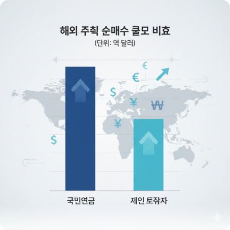 이곳에 관련 이미지 삽입: 국민연금과 개인 투자자의 해외 주식 매수 규모를 비교하는 막대그래프