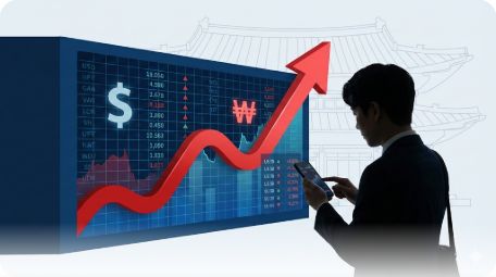 이곳에 관련 이미지 삽입: 급격히 상승하는 환율 그래프와 '서학개미'를 상징하는 개인 투자자의 모습