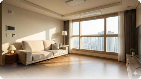 이곳에 관련 이미지 삽입: 안락한 아파트 거실 풍경 또는 안전 자산으로서의 부동산을 상징하는 이미지