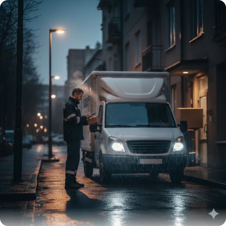이곳에 관련 이미지 삽입: 어두운 새벽, 배송 업무에 열중하고 있는 택배 기사의 모습이나 새벽 배송 차량 이미지