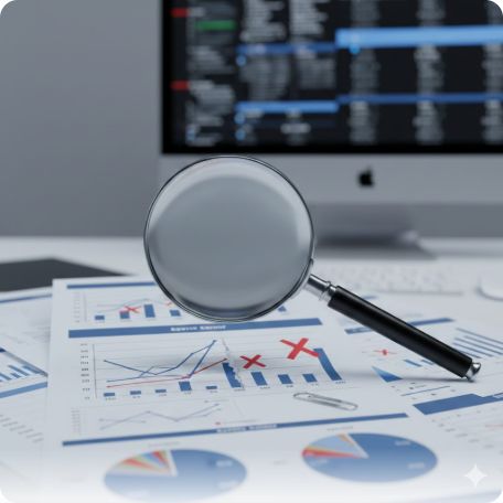 이곳에 관련 이미지 삽입: '통계 오류'나 '부실 조사'를 상징하는 돋보기와 서류 도표 이미지