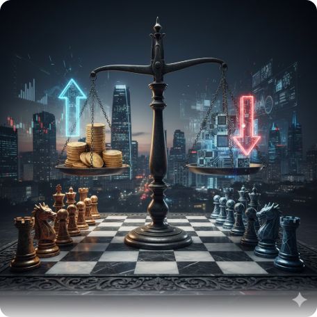 이곳에 관련 이미지 삽입: 권력의 저울 또는 두 세력이 대립하는 듯한 체스판 이미지