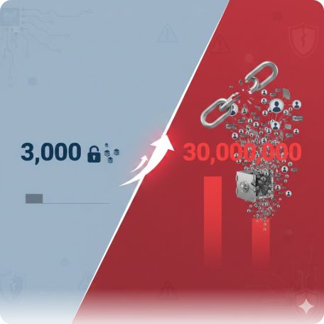 이곳에 관련 이미지 삽입: '3,000'과 '30,000,000' 숫자를 대비시켜 유출 규모의 차이를 보여주는 인포그래픽