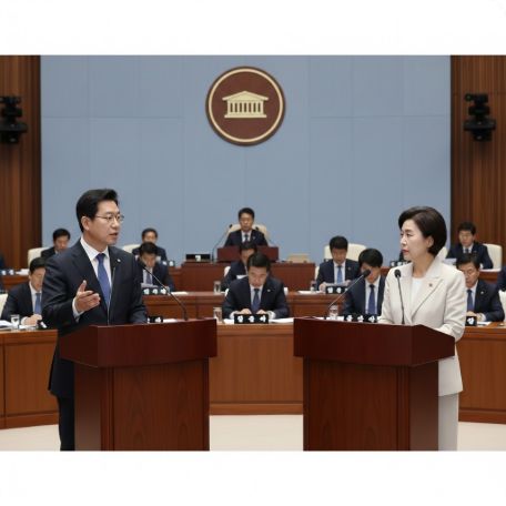 이곳에 관련 이미지 삽입: 국회 발언대에서 질의하는 의원과 답변하는 장관의 모습