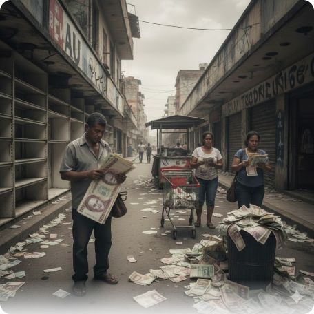이곳에 관련 이미지 삽입: 베네수엘라의 초인플레이션 거리 풍경 또는 사법 장악과 국가 몰락의 상관관계를 보여주는 도표
