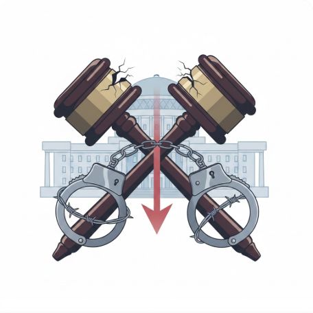 이곳에 관련 이미지 삽입: 판사봉과 수갑이 교차된 이미지 혹은 사법부 독립 위기를 상징하는 일러스트