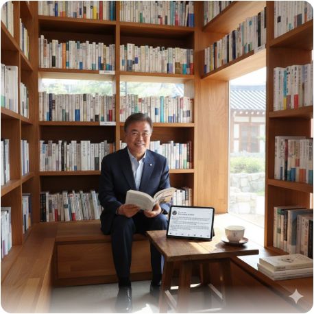 이곳에 관련 이미지 삽입: 평산책방에서 활동하거나 SNS에 책 추천 게시글을 올린 문재인 전 대통령의 모습