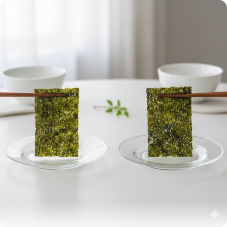 이미지 추천: 투명한 접시 위에 힘없이 축 처진 눅눅한 김과, 그 옆에 대조적으로 빳빳하고 바삭해 보이는 김을 나란히 배치한 비교 사진