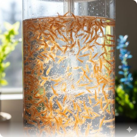 이미지 추천: 투명한 부화기 안에서 오렌지빛 브라인쉬림프들이 기포와 함께 소용돌이치는 역동적인 모습