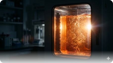 이미지 추천: 어두운 방 안에서 밝은 조명을 받고 있는 부화기 내부의 오렌지색 액체와 미세한 기포들