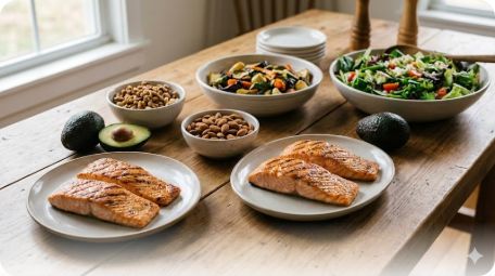 이미지 추천: 나무 식탁 위에 신선한 채소, 견과류, 생선 등이 정갈하게 차려진 건강한 식단 이미지, 따뜻하고 깨끗한 톤